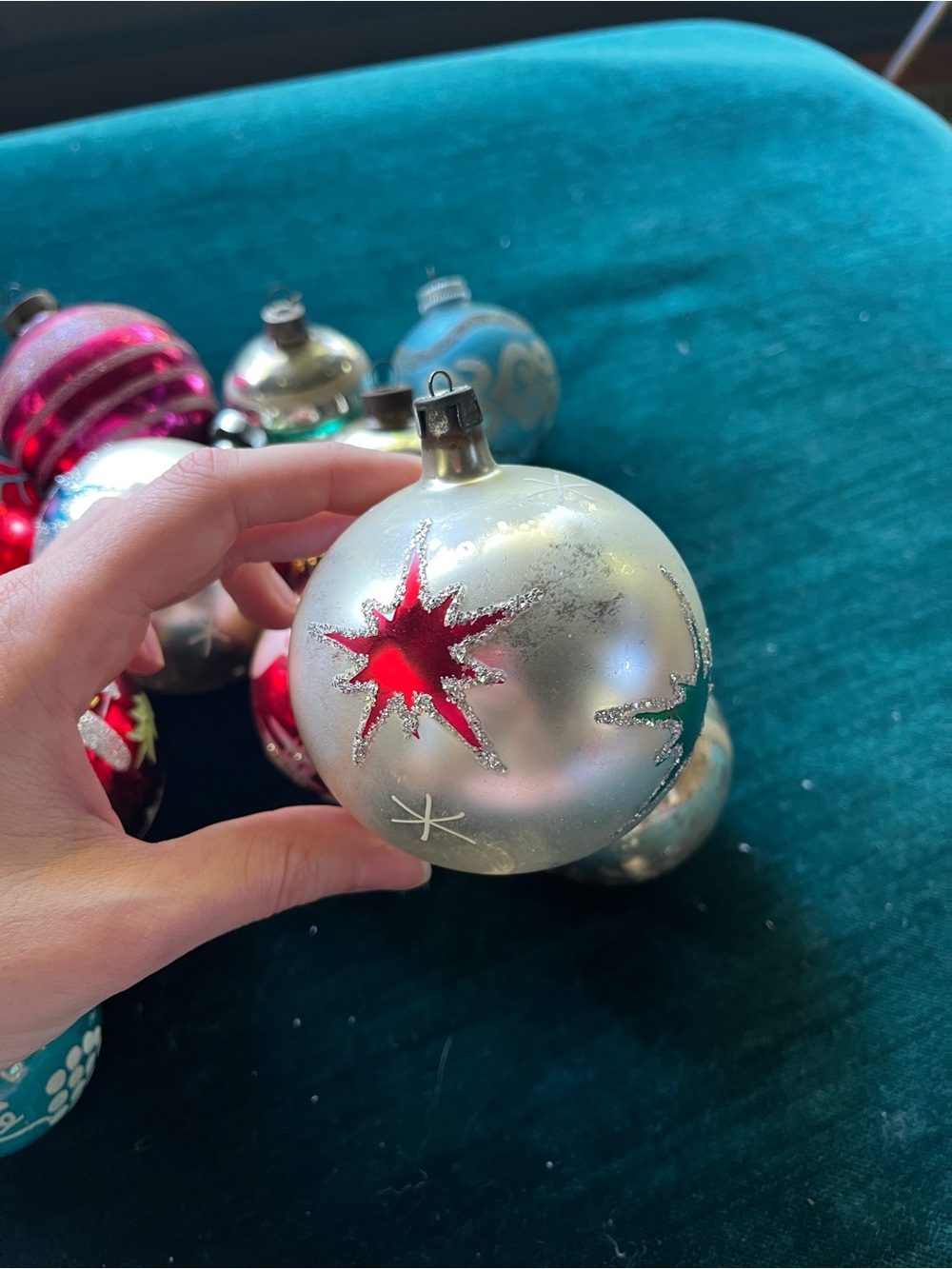 Vintage Jumbo Poland Glass Christmas Ornament Santa Starburst North Star Green